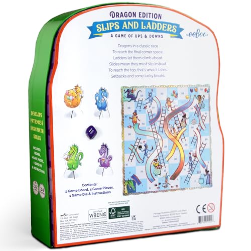 eeBoo Slips & Ladders Dragon Edition - Award Winning Classic Race Game with Holographic Foil, Screen-Free Fun for 2-4 Players, Kids Ages 5 and up - style: Slips and Ladders