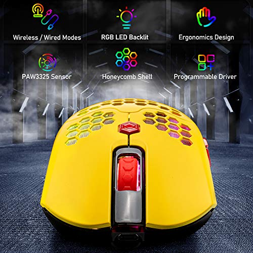 Wireless Gaming Mouse,16 RGB Backlit Ultralight Wireless/Wired Mice with Programmable Driver,Rechargeable 800mA Battery,Pixart 3325 12000 DPI,Lightweight Honeycomb Shell for PC Gamers (Yellow) - color: RGB Yellow