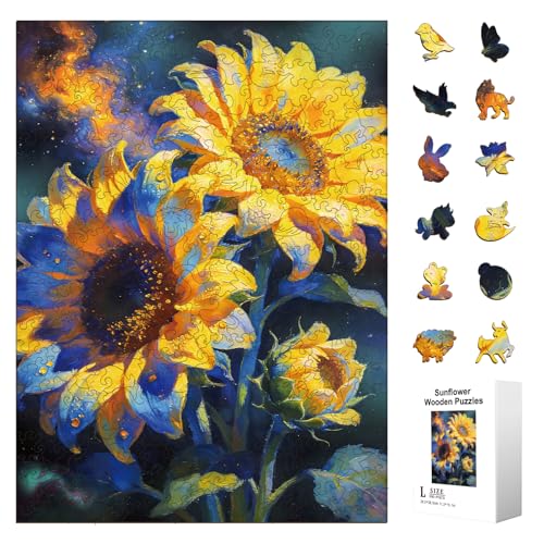 300pcs Wooden Puzzles for Adults Unique Animal Shaped Pieces | Colorful Funny Jigsaw Puzzle Challenging Brain Teaser for Family Game Birthday Gift Home Decor (Sunflower Theme) - color: Sunflower
