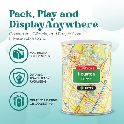 Geotoys Houston Mini City Puzzle - 100 Piece Puzzles for Kids and Adults in Portable Can, 13" x 10" Educational Travel Puzzle for Ages 7 and Up - Mini Puzzles to Learn & Explore Geography - style: Houston