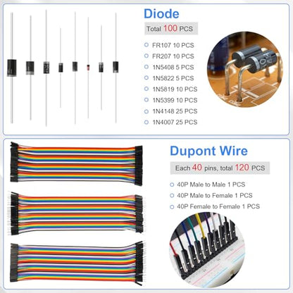Electronic Component Kit, 1628 Pcs DIY Electronics Kit with LED Diodes, Diodes, Metal Film Resistors, Electrolytic Capacitor, Transistors, Ceramic Capacitors, Dupont Wire, PCB Board, Breadboard - style: 1628 Pcs