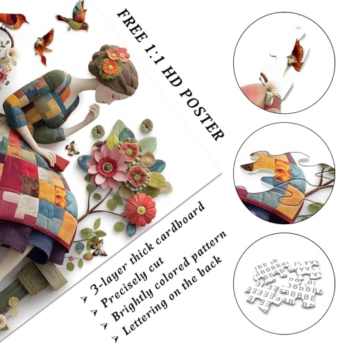 Floral Muse Jigsaw Puzzle 1000 Pieces for Adults, Patchwork Quilting Art Puzzle with Flowers Birds,Woman Flower Garden Themed, Handmade Style Sewing Puzzle Challenge - style: Patchwork Muse Puzzle