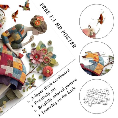 Floral Muse Jigsaw Puzzle 1000 Pieces for Adults, Patchwork Quilting Art Puzzle with Flowers Birds,Woman Flower Garden Themed, Handmade Style Sewing Puzzle Challenge - style: Patchwork Muse Puzzle