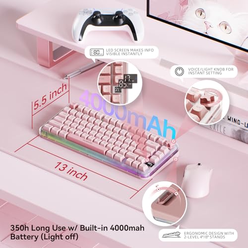 AUSDOM K75pro Wireless Gaming Creamy Keyboard, Tri-Mode BT/2.4G/USB-C Computer Keyboard, RGB Backlit Media Knob Creamy Keyboard, Pink - color: Pink
