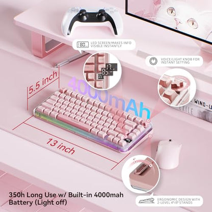 AUSDOM K75pro Wireless Gaming Creamy Keyboard, Tri-Mode BT/2.4G/USB-C Computer Keyboard, RGB Backlit Media Knob Creamy Keyboard, Pink - color: Pink