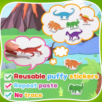 ASTARON 3 Pack Reusable 3D Puffy Sticker Book for Kids 3-6, Jelly Sticker Game Educational Sensory Learning Toy, Travel Toys and Busy Book(Dino Car Animal) - style: Dino Car Animal