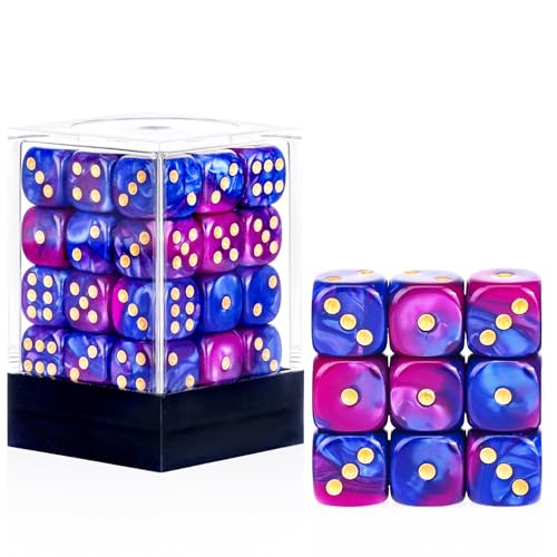 36 of Pack 12MM 6 Sided MINI Dice Set,Two Colours D6 Game Dice Set, 6 Sided Standard Dices for Yahtzee, Bunco,with Portable Plastic Box(Blue Purple) - color: Blue Purple