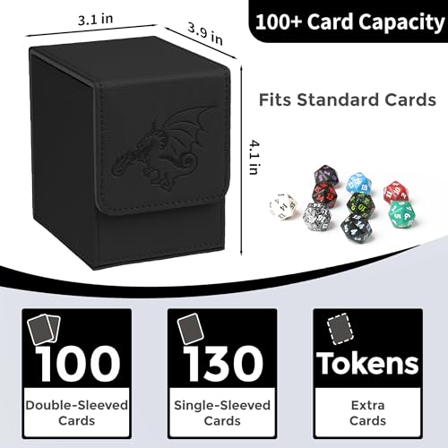 Card Deck Box with 2 Dividers, MTG Commander Deck Box Holds 100+ Double-Sleeved Cards, Leather Magnetic Deck Case Compatible with Magic TCG CCG Cards, Black/Dragon - color: 4. Black 01,Dragon 01, size: 100 Double-sleeved Cards Vertical