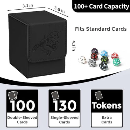 Card Deck Box with 2 Dividers, MTG Commander Deck Box Holds 100+ Double-Sleeved Cards, Leather Magnetic Deck Case Compatible with Magic TCG CCG Cards, Black/Dragon - color: 4. Black 01,Dragon 01, size: 100 Double-sleeved Cards Vertical