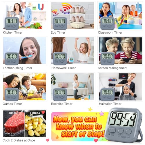 2 Pack Digital Timer for Kids Classroom Kitchen Timers for Cooking | w/ Battery, Easy to View, Alarm, Mute Mode, Count Down/Up, Magnetic, Kickstand, Hanging, Classroom Timer for Teacher Supplies - color: Space Grey