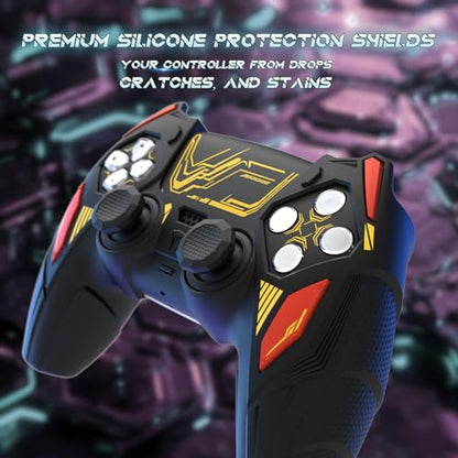 PlayVital Silicone Skin Set for PS5 Controller - Mecha Rhino Design, Anti-Slip Grip Cover Protector Compatible with Charging Dock, with Thumb Grips & Touchpad Sticker - Black & Caution Red - color: Black & Caution Red