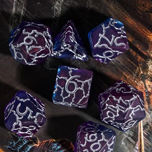 Purple DND Dice Cracked Polyhedral Dice Set D&D for Tabletop Games | Leather Storage Bag, DM Gift, for Dungeons and Dragons Role Playing Games - color: Crackle-silver