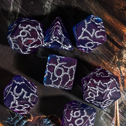 Purple DND Dice Cracked Polyhedral Dice Set D&D for Tabletop Games | Leather Storage Bag, DM Gift, for Dungeons and Dragons Role Playing Games - color: Crackle-silver