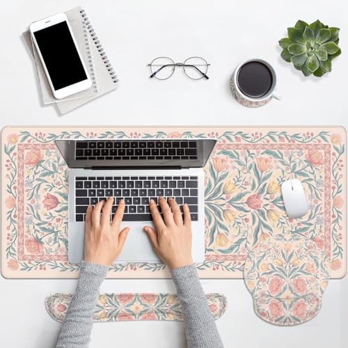 Britimes Pink Floral Keyboard Mouse Pad Set Retro 4in1 Large Mousepad+Keyboard Wrist Rest+Mouse Wrist Rest+Coaster Ergonomic Design for Home Office Computer 35.4x15.7 inches - color: Colorful Wildflowers