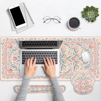 Britimes Pink Floral Keyboard Mouse Pad Set Retro 4in1 Large Mousepad+Keyboard Wrist Rest+Mouse Wrist Rest+Coaster Ergonomic Design for Home Office Computer 35.4x15.7 inches - color: Colorful Wildflowers