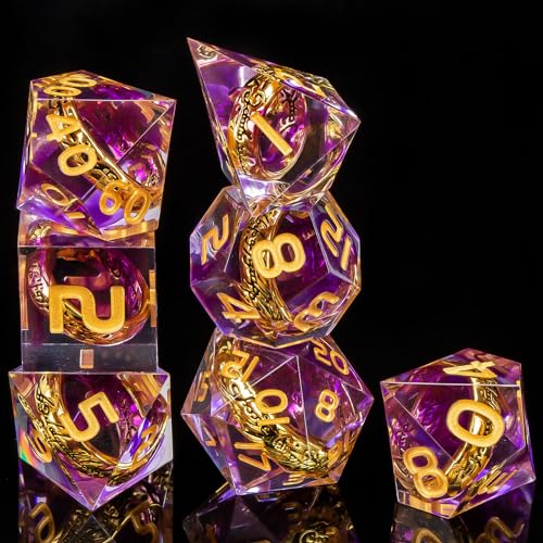 OUKELANWO Magic Lord Rings DND Dice Set with Box, 7Pcs Resin LOTR D&D Dice Set for Role Playing Game, Purple Gold Dungeons Dragons D and D Sharp Edge Dice D20 D12 D10 D8 D6 D4 - color: Purple