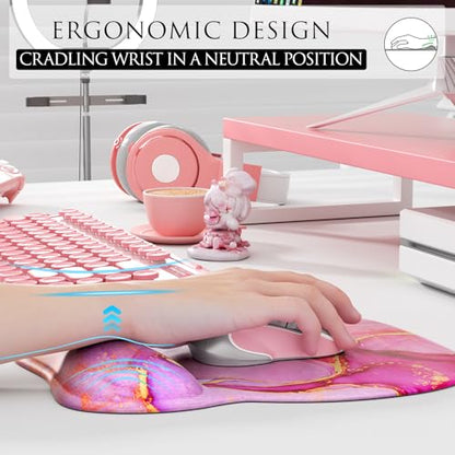 MROCO Ergonomic Mouse Pad with Gel Wrist Rest, 9.4 x 8.1 in, Pink Marble | Ergonomic Shape Design, Multiple Pattern Options, Gel Wrist Comfort, Smooth Lycra Surface, Non-Slip PU Base - color: Pink Marble