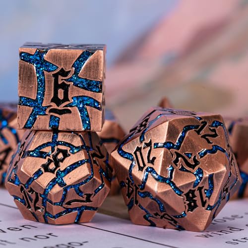 Cracked Rune Metal Dice Set for DND & RPG – Dark Fantasy Fractured Design, Premium Heavy Metal Polyhedral Dice with Deep Engraved Numbers, 7-Piece Set – Blue Arcane Vein - color: Antique Copper Bright Blue
