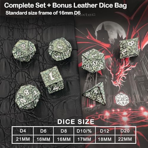 Haxtec Black Green Metal DND Dice Set Polyhedral D&D Dice with Leather Dice Bag Compatible with Dungeons and Dragons Gifts TTRPG Metal Dice Gamer Gift for DND Players Masters - color: Black Green White