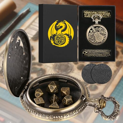 Mini DND Dice Set Steampunk Hollow Bard Pocket Watch Shell Case, 7pcs Tiny Polyhedral Metal D&D Dice Set, DND Gifts with Gift Box, Role Playing Board Games Accessories, Bronze - color: Bard