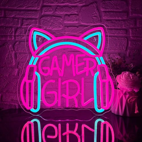 Mutank Gamer Girl Cat Headphones Neon Sign, Game Room Neon Sign USB Powered Game Headphone Sign LED Dimmable, for Gaming Room Bedrooms and Cat Ear Girl Man Caves Decor(13.3 * 12.2 In) - color: Pink+Blue