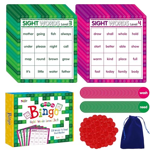 SpriteGru Sight Word Bingo Game, 120 Sight Words Learn to Read Level 3 & Level 4 Bingo Board Game Dolch's & Fry's Words Lists for Kindergarten and Preschool Kids 5+, Perfect for Classroom & At Home - style: Sight Word Bingo Game Level 3-4
