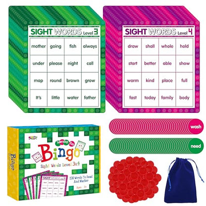 SpriteGru Sight Word Bingo Game, 120 Sight Words Learn to Read Level 3 & Level 4 Bingo Board Game Dolch's & Fry's Words Lists for Kindergarten and Preschool Kids 5+, Perfect for Classroom & At Home - style: Sight Word Bingo Game Level 3-4
