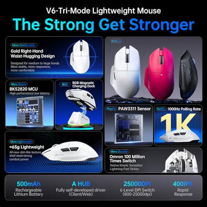 ATTACK SHARK V6 Wireless Gaming Mouse with RGB Charging Dock, 25K DPI PAW3311 Sensor, 1K Polling Tri-Mode Ergonomic PC Mice, 5 Programmable Bottons, Cloud-Based AI Driver for Win/Mac,Black&Tape - color: Black&Tape