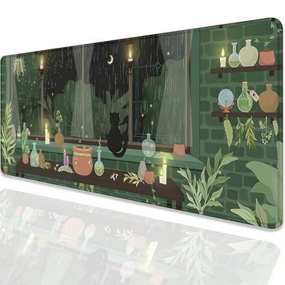 Black Cat Mouse Pad Green Plants Desk Mat Pad Anime Large Gaming Cartoon Cute Mouse Pad,Stitched Edges Non-Slip Waterproof Rubber Base Mous Mat for Office Home Work Gaming(27.5X11.8 in) - color: Candlelight Windowsill-cat