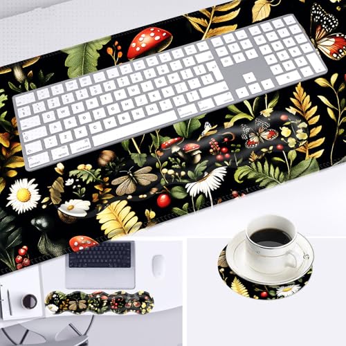 Large Mouse Pad and Keyboard Wrist Rest, Desk Pad for Keyboard and Mouse, 4-in-1 Large Gaming Mouse Pad with Wrist Support, Desk Mat for Home Office Study Game,Mushroom Butterfly Flower - color: Mushroom Butterfly Flower