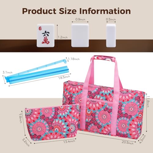 American Mahjong Tile Set with Pink Printed Carrying Bag, 166 Premium White Tiles, 4 All-in-One Color Racks/Pushers, Mah Jongg Sets, Complete Mahjong Game Set for Travel - color: Pink Print
