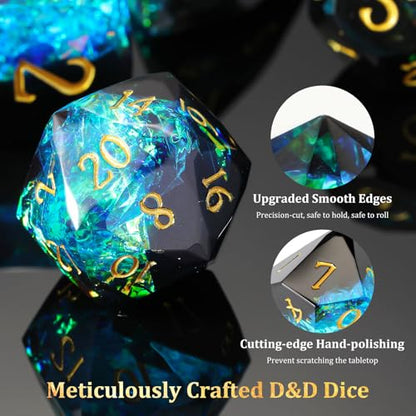MoKo Resin DND Dice Set, 7PCS Sharp Edge Polyhedral, Dark Green+Blue | Gold Numbers, D&D RPG Tabletop Games, Gift Box Storage Bag, D20 D12 D10 D8 D6 D4 D% - color: 3 - Dark Green+blue