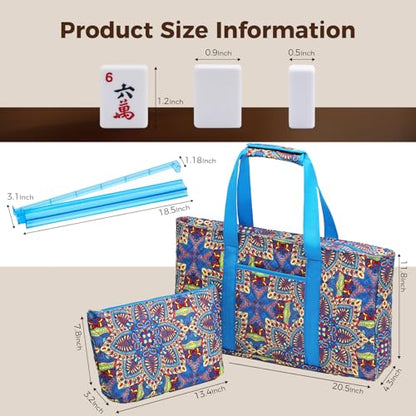 American Mahjong Tile Set with Blue Printed Carrying Bag, 166 Premium White Tiles, 4 All-in-One Color Racks/Pushers, Mah Jongg Sets, Complete Mahjong Game Set for Travel - color: Blue Print