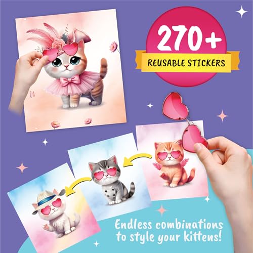 Sticker Dress Up Book for Girls Kitten Activity Ages 5-8 | Features 270+ reusable stickers and fashion design guides to spark creativity in children ages 5, 6, 7, and 8. - color: Dress Up - Kitten