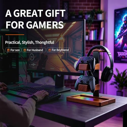 Headset Stand with Gaming Controller Holder, Wood Headphone Stand with Storage Base, Gaming Equipment Accessories for Desk