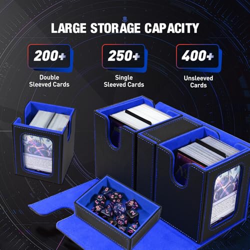 TiMOVO MTG Deck Box, Magnetic Trading Card Storage Case, Black+Blue | Holds 400+ Sleeveless Cards, 4 Dividers & Dice Tray, 2 Detachable Commander Card Deck Boxes, For Magic Game Cards - color: Black & Blue