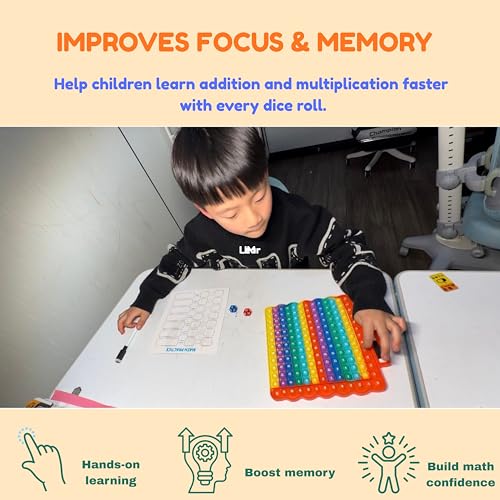 Multiplication & Addition Math Board with Dice, Reusable Writing Practice Board for Kids, Double-Sided 12x12 Times Table & Addition Learning Toy, Sensory Math Game for Classroom & Homeschool