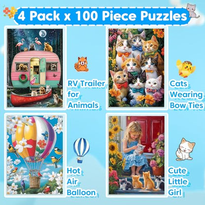 4-Pack 100 Piece Puzzles for Kids Ages 4-6, 6-8 | RV Trailer, Hot Air Balloon, Girl & Cats | Engaging & Educational Jigsaw Puzzles for Girls and Boys - style: Hot Air Balloon