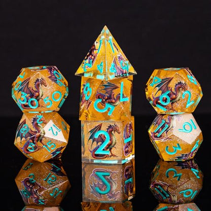 Double Layered Resin Dice Set 7pcs Dragon Pattern& Blue umbers Sharp Edged Polyhedral Dice Apply to D&D DNDRole Playing Game RPG Party Gift - color: Dragon Yellow