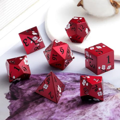 Matt Red DND Metal Dice, DNDND 7 PCS Heavy Metallic D&D Dice Set with Gorgeous Gift Case for Dungeons and Dragon Tabletop Game (Matte Red with White Flower) - color: Flower Red