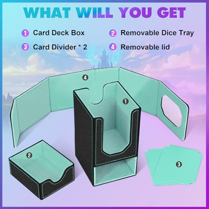 Card Deck Box for MTG Commander, Fits 100+ Double-Sleeved Cards Card Case | with Detachable Dice Tray, 2 Dividers, Removable lid, Trading Card Storage Box, Sturdy and Durable, Fits TCG/PTCG/Sports Card - color: Black and Cyan