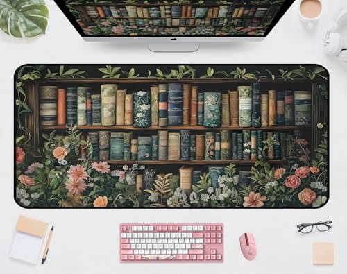 Flower Book Desk Mat, Colorful Mousepad XXL, Large Vintage Game Pad, Computer Keyboard Mouse Pad, with Stitched Edges, Non-Slip Rubber Base Deskpad, Women Home Office Accessories 31.5"X15.7" - color: Green Bookshelf