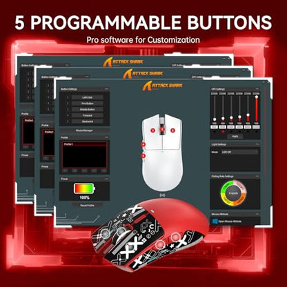 ATTACK SHARK X11 Wireless Gaming Mouse, PAW3311 Sensor, Lightweight, RGB Charging Dock, 22,000 DPI, Tri-Mode Connectivity, 5 Programmable Buttons, Grip Tape Included - Red - color: Red, size: Mouse and Anti-slip sticker