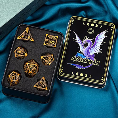 ARUOHHA Hollow DND Metal Dice Set Ancient Gold Dragons D and D Dice, RPG Role Playing Games Dungeons Polyhedral Dice with Gift Box D20 D12 D10 D8 D6 D4 - color: Ancient Gold
