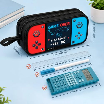 Game Controller Pencil Case for Boys Kids Teens, Large Capacity Pencil Pouch with 3 Compartments, 7 Pockets and Label Pocket for School College Office Travel (Red & Blue) - color: Red&Blue