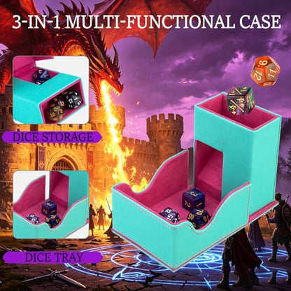 Dice Tower and Tray,Foldable Portable Dice Rolling Tower,Dice Roller Accessory for Dungeons and Dragons,Classic Board Games,RPG Games, and Tabletop Games Turquoise/Pink - color: Turquoise/Pink（red Dragon）