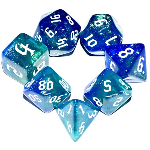 Galaxy Dice Set| Dark Blue Mix Cyan Crystal DND Dice Set for Board Game - color: Dark Blue Cyan