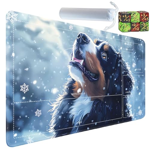 for MTG/TCG Playmat with Zones, 24 x 14 inches Trading Card Playmat with A Storage Bag and 6 Dice, Non-Lip Rubber Bottom Game Desk Mat, Bernese Mountain Dog in The Snow - color: Yux-playmats-2-3A-251