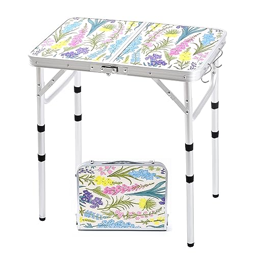 Yriuat Folding Camping Table 2ft Portable Pinic Table Adjustable Height Small Card Table Aluminum Foldable Lightweight with Carry Handle for Outdoor Indoor Hiking Camp BBQ Beach (Blooming Floral) | Lightweight Aluminum,Foldable Small Card Table with Carry