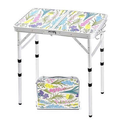 Yriuat Folding Camping Table 2ft Portable Pinic Table Adjustable Height Small Card Table Aluminum Foldable Lightweight with Carry Handle for Outdoor Indoor Hiking Camp BBQ Beach (Blooming Floral) | Lightweight Aluminum,Foldable Small Card Table with Carry
